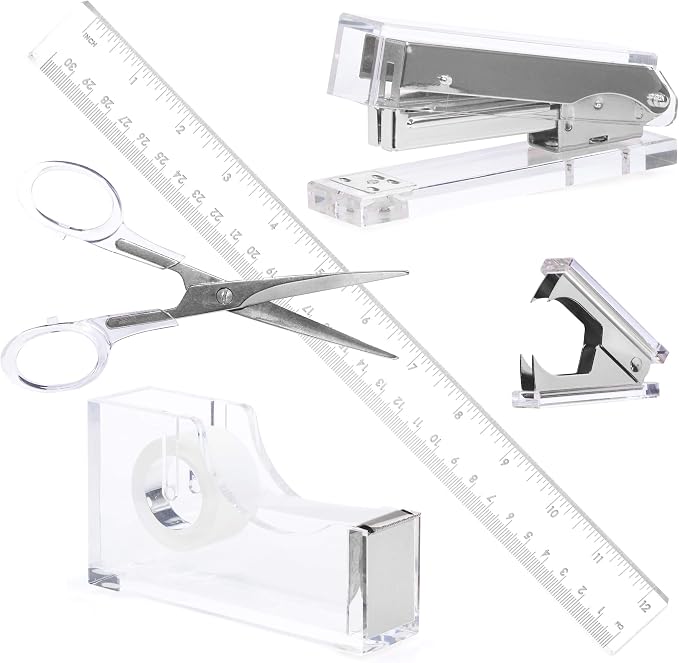 Silver Acrylic Lucite Bundle | Premium Stapler, Tape Dispenser, Scissors, Staple Remover, & Ruler Gift Set | Clear Stationery & Desk Accessories | Modern, High End, Chic, Luxury Office Goods