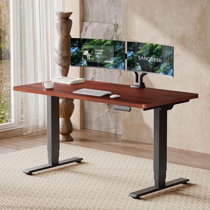 SANODESK Dual Motor Standing Desk 220lbs Height Adjustable Desk | 55"x28" Spacious One-Piece Mahogany Desktop & Black Frame, 4 Memory Presets, 3-Stage Legs, 220lbs, 2-Box for Home & Office