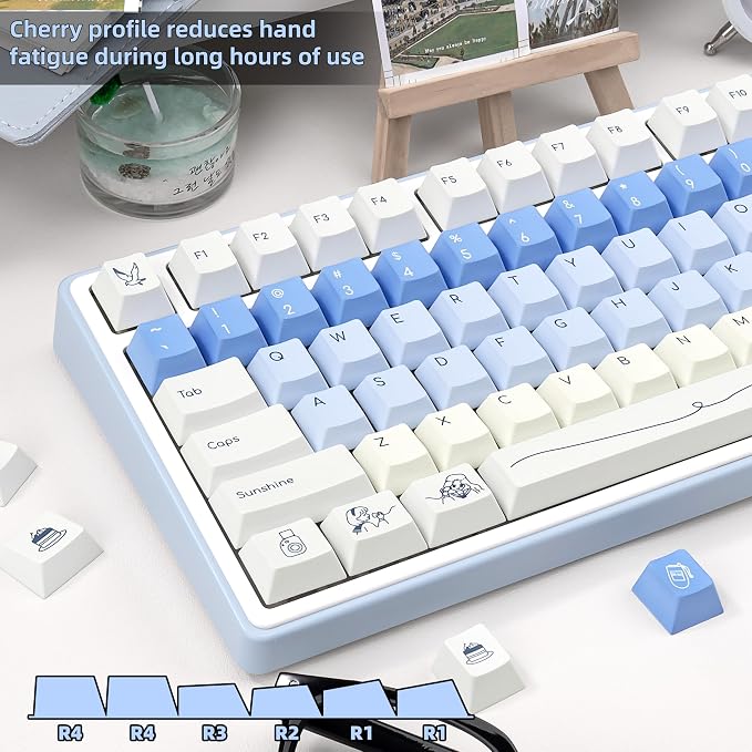 White & Blue PBT Keycaps, Cherry Profile Dye-Sublimation Keycap 130 Keys for 60%/65%/75%/100% Cherry MX Switches Mechanical Keyboard