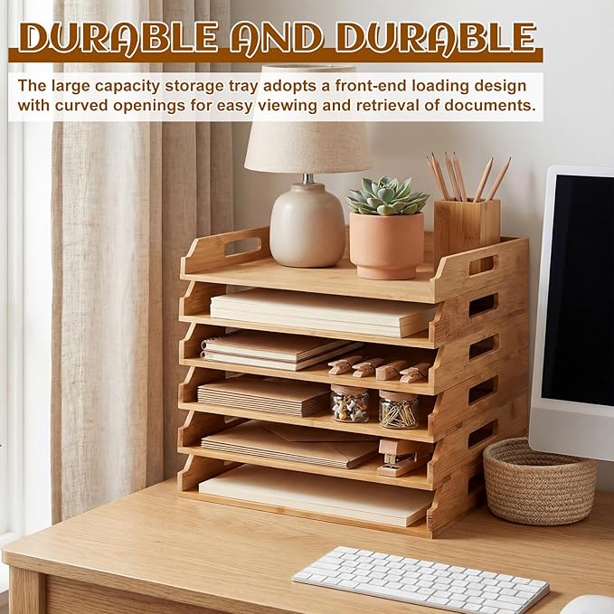 6 Pcs Stackable Paper Tray Bamboo Wood Desk Organizer Letter Tray 6 Tier Wooden File Organizer Desk Shelf for Documents, Letter Sorter, Envelopes and Magazine Holder