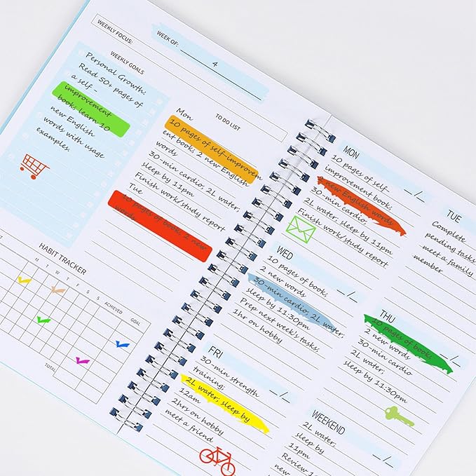 Undated Weekly Planner with Goal & Habit Tracker Notebook, Small A5 To Do List Week Planners Spiral Binding Personal Goal Journal Non Dated Weekly Planner Simple Agenda Planners for Work Kids School