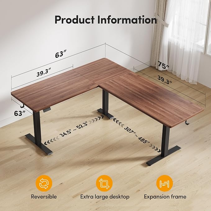 CubiCubi L Shaped Standing Desk 75 x 63 Inch Adjustable Height, Electric Corner Desk, Sit Stand Home Office Desk with Splice Board, Black Walnut(2 Packages