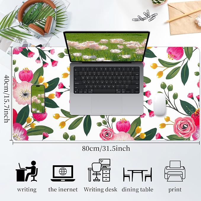 Bloss Pink Floral Desks Mat,Clearance Overstock Limited Stock Discontinued Size 31.5x15.7Inch Large Mouse Pad,Anti-Slip Computer Desk Pad,Keyboard and Mouse Pad,Pink Keyboard Protector Pad Mat