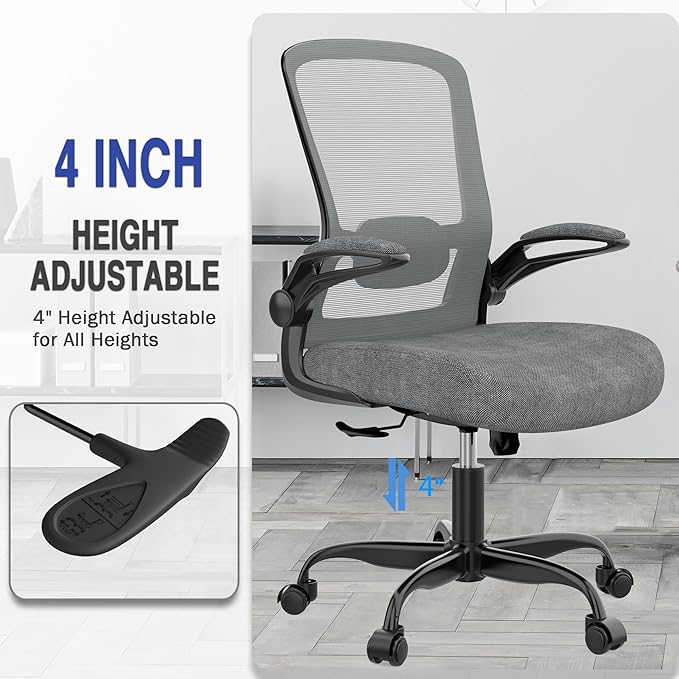 Mimoglad Ergonomic Office Chair - Desk Chair with Flip-up Armrests & 135° Recline, Adjustable Lumbar Support - Space-Saving Task Chair for Business/Team Office & Home (Iron Gray, 300lbs) | Supports 300 lbs · Seat 19.48"–23.4" · Breathable mesh · 20–30 ...