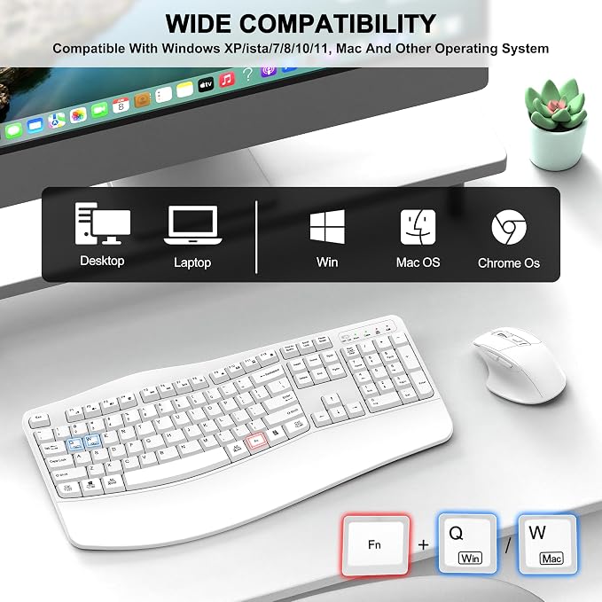Wireless Keyboard and Mouse Combo, 2.4G Full Size Wave Keys Ergonomic Keyboard with Wrist Rest and 3-Level DPI Adjustable Wireless Ergonomic Mouse for Windows, Mac OS Desktop/Laptop/PC(White)