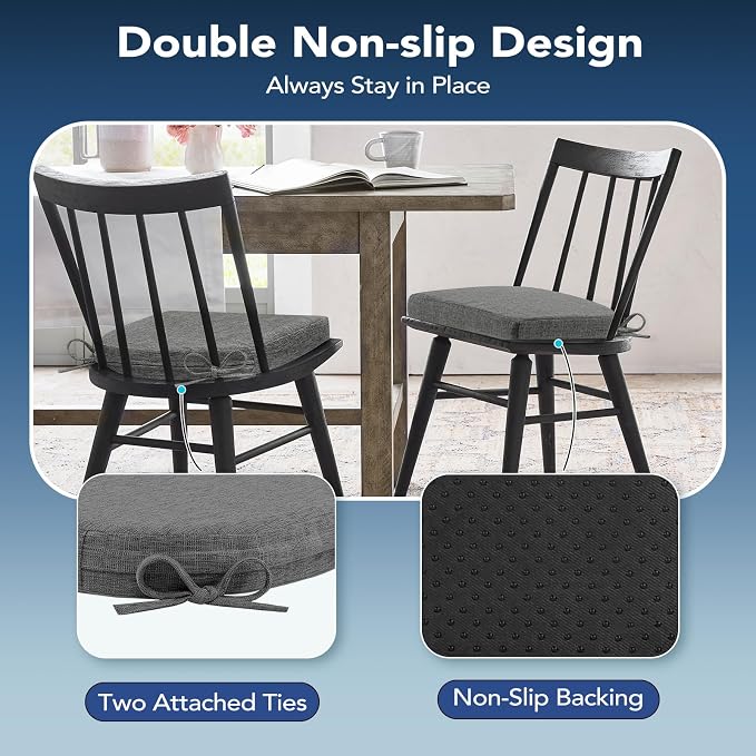Chair Cushions for Dining Chairs, Non Slip Chair Pads with Ties and Washable Covers, Memory Foam Kitchen Chair Cushions Set of 4, 16"X16"X2.5", Dark Gray