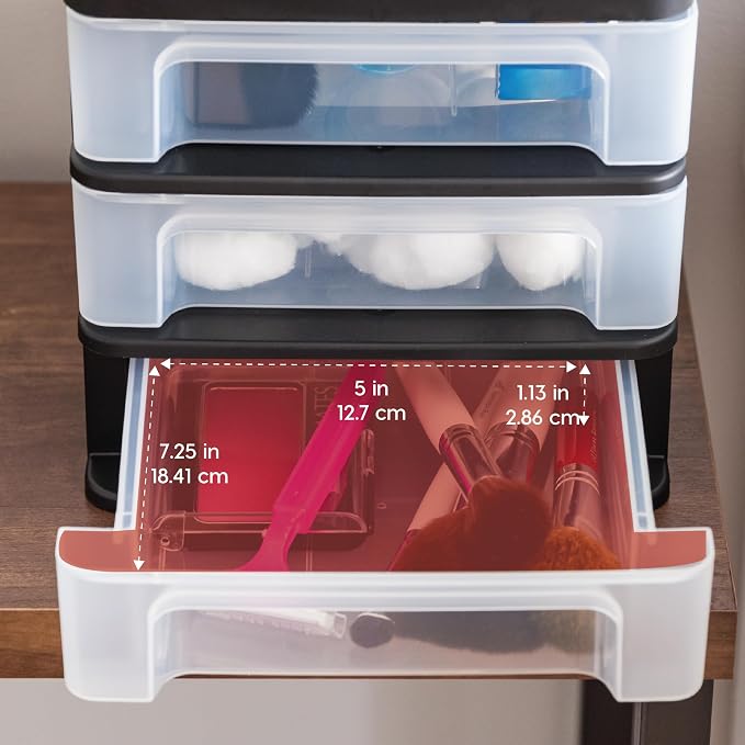 IRIS USA 4-Pack, 3-Drawer Small Plastic Stacking Desktop Organizer, Black | Organize office supplies, stationery, makeup, craft materials and everyday essentials for neat desktop storage
