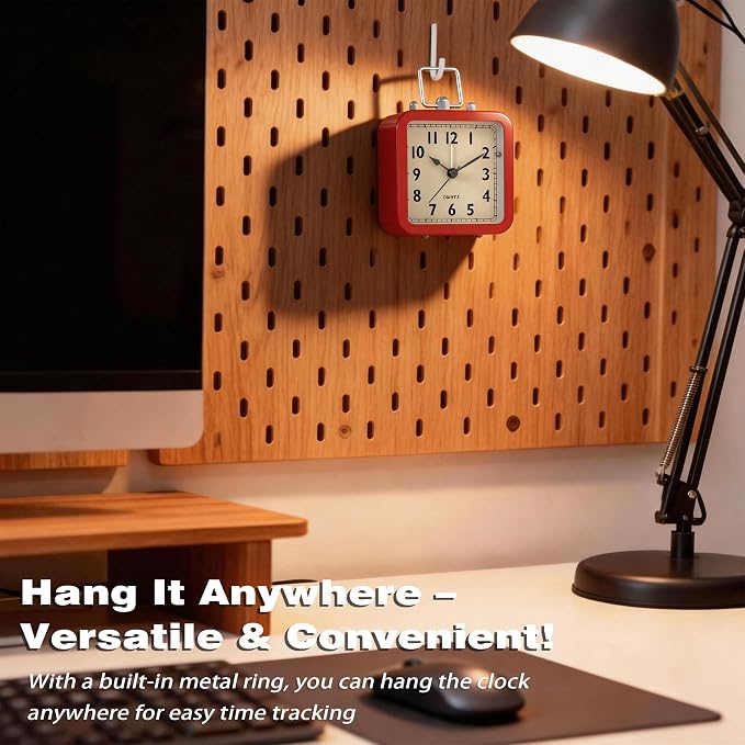 AYRELY® Small Metal Alarm Clock, Desk and Table Clock for Travel | Battery Operated Retro Silent Clock with Light for Bedroom, Bedside, Shelf and Living Room Decor (Matte Red)
