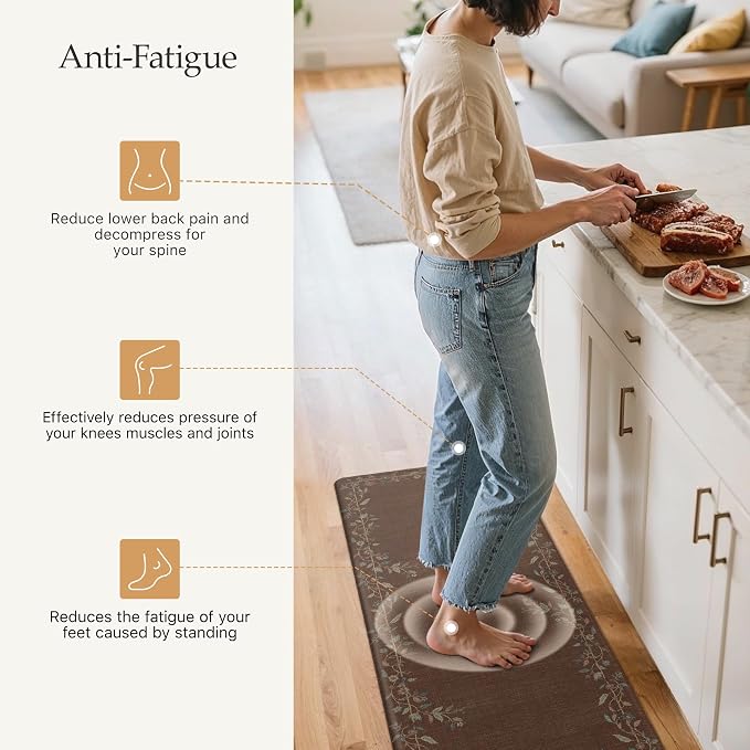 GENIMO Anti Fatigue Kitchen Mats for Floor 2PCS, Cushioned Standing Mats | 17.3"x59"&17.3"x30", Red Brown vintage floral rug set, waterproof, non slip, easy-clean for farmhouse