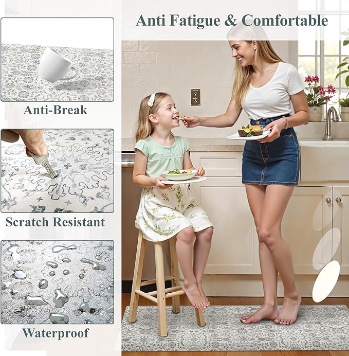 Collive Anti Fatigue Mats for Kitchen Floor, Cushioned Non Skid Kitchens Rug Sets of 2 Waterproof Padded Sink Rugs, Boho Floral Rug Comfort Standing Mat for Home Office, 17.3"x28" + 17.3"x47"