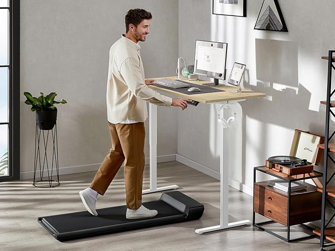 WALKINGDESK 48x24 Inches Height Adjustable Electric Standing Desk with 2 Hooks for Home Office, Ergonomic Sit Stand up Desk with Splice Board, Oak