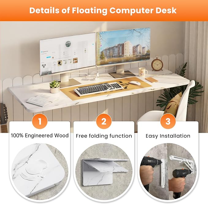 IAE Wall Mounted Floating Foldable Desk, 48" x 22" Folding Computer Workstation Table with Engineered Wood and Metal Shelf Brackets,Fold&Floating Design for Home Office, Apartment,Laundry Room,White