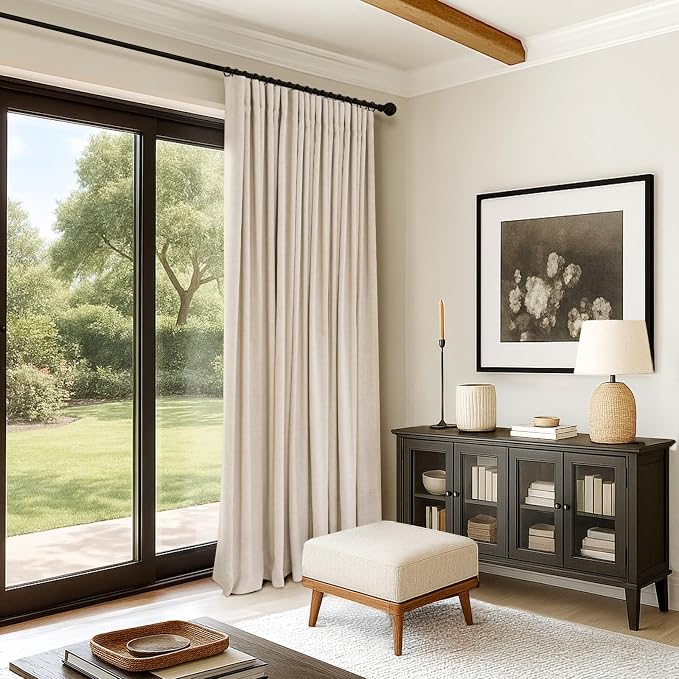 INOVADAY 100% Blackout Curtains for Bedroom, Oatmeal Black Out Curtains 90 Inch Long, Clip Rings Linen Blackout Drapes, Thermal Insulated Room Darkening for Living Room, 1 Panel - W102xL90