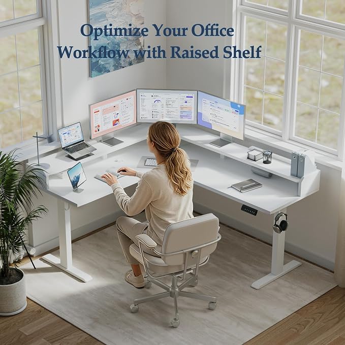 Klicelor L Shaped Electric Standing Desk 63 x 55 inch with Shelf, Height Adjustable Corner Desk, Sit Stand Desk with Storage Shelf, Home Office Computer Table, White