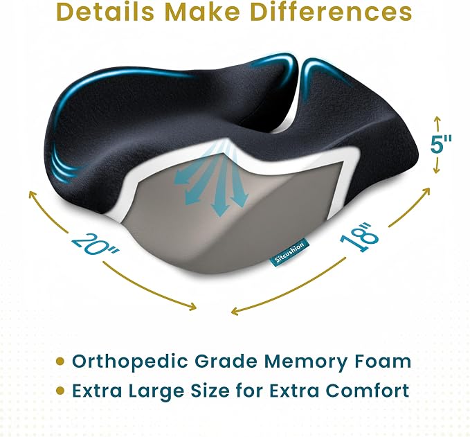 SitCushion Extra Large Memory Foam Seat Cushions for Office Chairs, Pressure Relief Seat Cushion for Tailbone Pain Relief, Desk Chair Pad for Sciatica, Lower Back Pain Relief (Cooling Black)