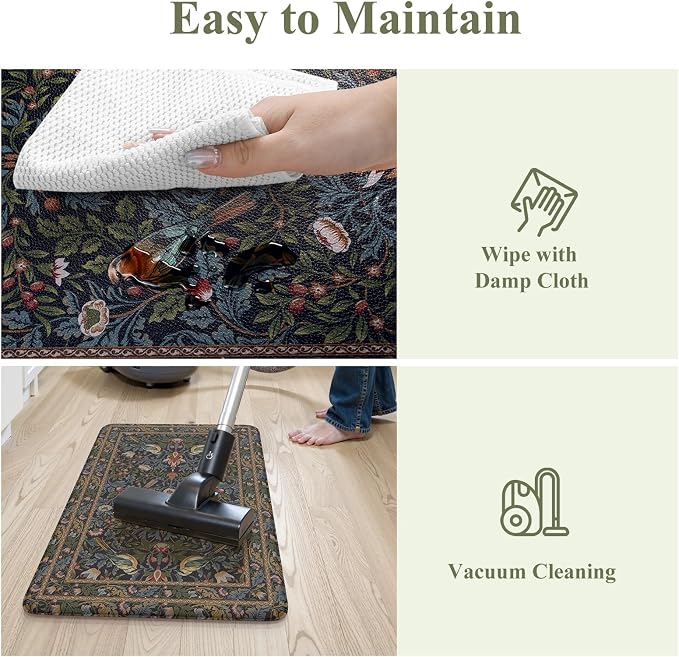 KIMODE Kitchen Mats for Floor Anti Fatigue,Cushioned Sink Rug | 17.3"x29",Navy Blue Green,Floral Vintage Sink Rug Non Slip for Laundry,Memory Foam Padded Standing Desk Mat for Office Rug