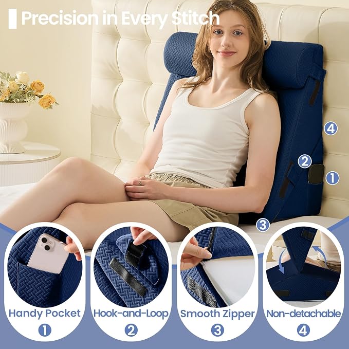 Sasttie Adjustable Wedge Pillow Set for After Surgery, Navy | Bed Wedge Pillow Headboard with Memory Foam Neck Cushion, for Acid Reflux, Sleeping, Neck & Back Support
