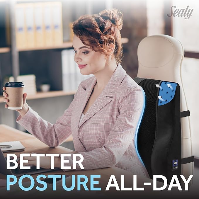 Sealy High Back Memory Foam Lumbar Support Pillow for Office Chair or Gaming Chair, Orthopedic Back Pillow for Car Seat, Black