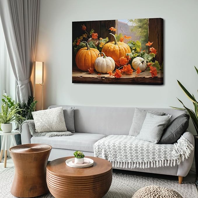 Vintage Pumpkin Canvas Wall Art Fall Pictures Halloween Maple Leaf Autumn Decor Thanksgiving Wall Prints Rustic Framed Wall Decor Modern Artwork for Living Room Kitchen Bedroom Home Decorations 32x48”