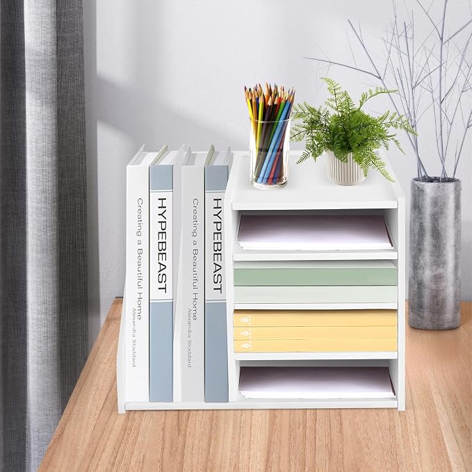 Desk Organizers and Accessories, File Organizer for Desk, 5-Tier Paper Letter Tray with File Holder, Desktop Organizer for Office Supplies, Office Desk Accessories (White)