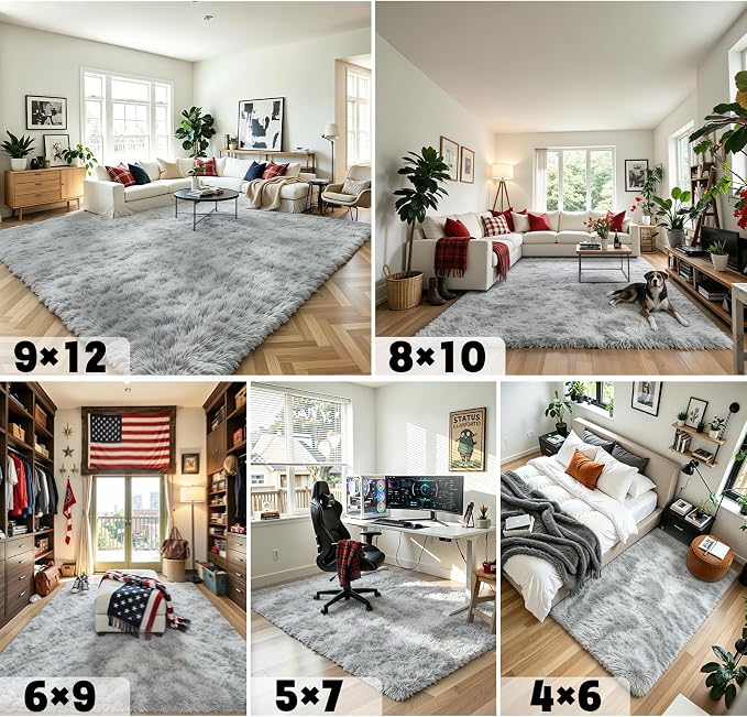 Area Rugs 9x12 Living Room,Large Area Rug Shaggy Carpet Soft Plush Furry Bedside Rug, Machine Washable Area Rugs for Bedroom Home Decor Non-Slip(9 x 12, Light Grey Tie-Dyed)