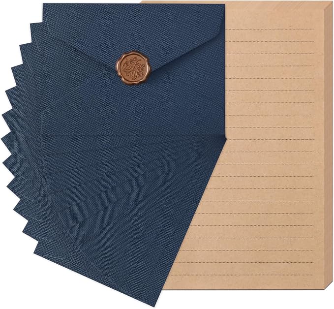 48 Pieces Stationery Set with Envelopes (24 Kraft Paper Sheets + 12 Linen Texture Envelopes+12 Wax Seal Stickers), Stationery Letter Writing Paper Set for Love Letters and Party Invitations (Blue)
