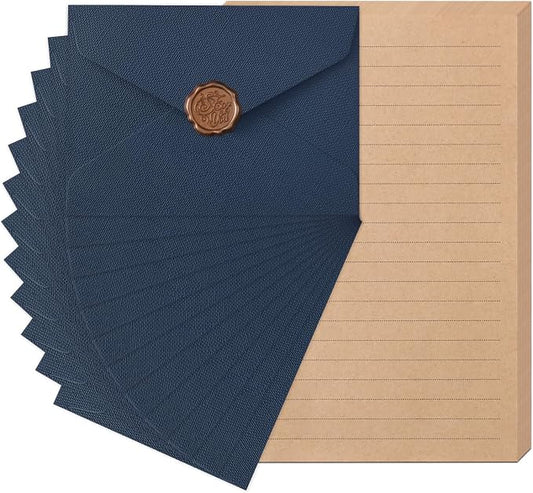 48 Pieces Stationery Set with Envelopes (24 Kraft Paper Sheets + 12 Linen Texture Envelopes+12 Wax Seal Stickers), Stationery Letter Writing Paper Set for Love Letters and Party Invitations (Blue)