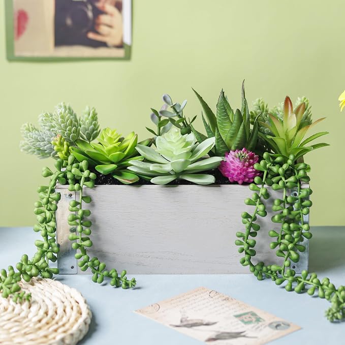 Der Rose 11 Inch Fake Plants Succulents Plants Artificial Cactus Plants in Wood Pots for Farmhouse Bathroom Decor