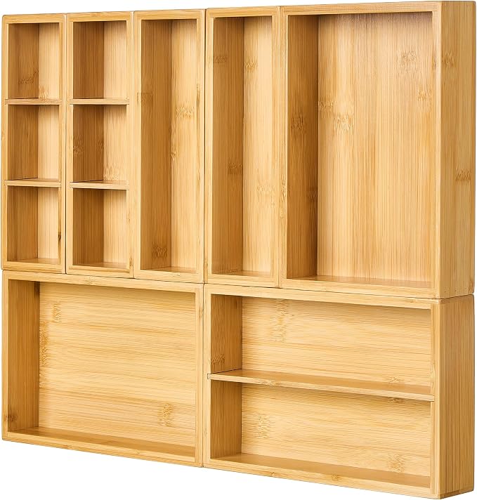 Vtopmart 7 Pack Bamboo Drawer Organizer Boxes, Junk Drawer Organizers | Natural Bamboo Storage Trays, Non-Slip Base, Kitchen Bathroom Office Vanity Drawers, Multi-Size Organizer Boxes, Makeup Tools