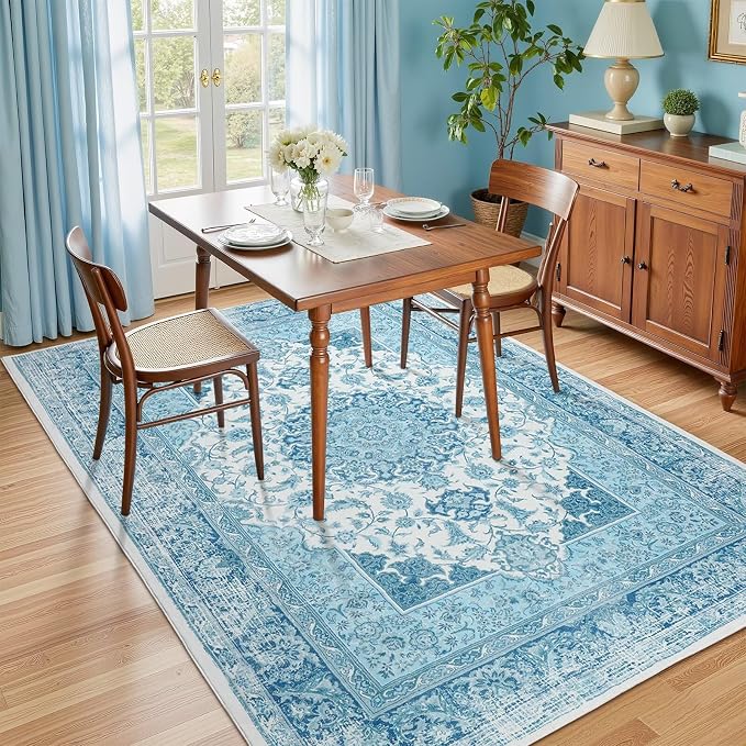 Macgace 5x7 Area Rug for Bedroom, Machine Washable Rugs with Non-Slip Backing for Living Room, Soft Vintage Carpet Kitchen Laundry Kids Room Decor, Celestial Blue