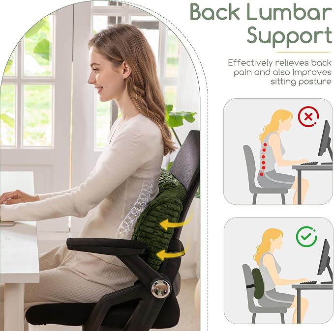 Lumbar Support Pillow for Recliner Chair/Office Chair/Couch, Memory Foam Back Support Cushion with Adjustable Strap, Recliner Cushions for Lower Back Pain Relief, Sleeping, Washable Cover, Dark Green
