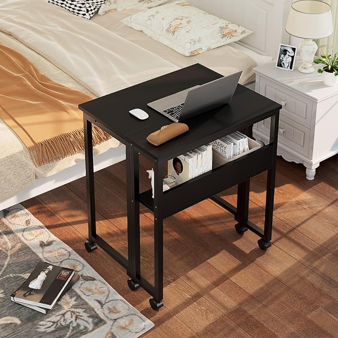 GreenForest Folding Desk Small Rolling Desk with Storage Shelf,31.5 inch Foldable Computer Desk with Wheels for Small Space, Easy Assembly,Black