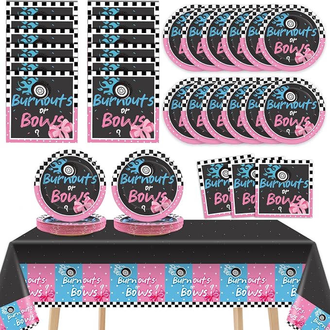 Qyeahkj Burnouts or Bows Gender Reveal Party Supplies Serves 24 Baby Boy or Girl Party Decorations Paper Plates Napkins Gender Reveal Tablecloth Set Tableware Kit for Baby Shower