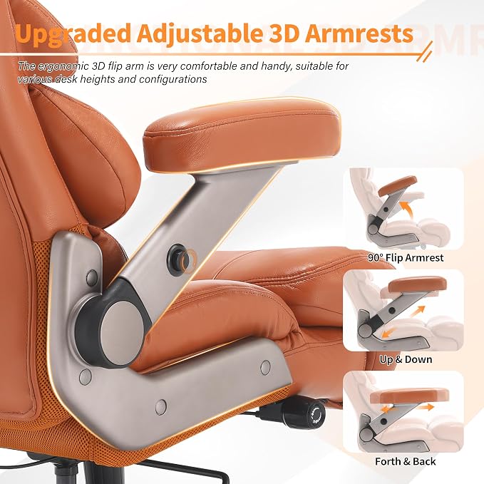 VUZI 700lbs Big and Tall Office Chair, Large Executive Leather Desk Chair | Adjustable Lumbar Support for Back Pain, Plus Size Wheels, 3D Flip Arms, Heavy Duty Metal Base, Wide Seat Computer Chair