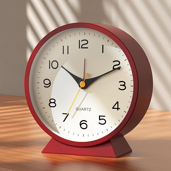 AYRELY® 4.5" Analog Alarm Clock, Small Retro Desk Clock and Table Clock | Battery Operated, Silent Metal Table Clock with Light for Living Room Decor, Bedroom, Bedside and Shelf (Red)