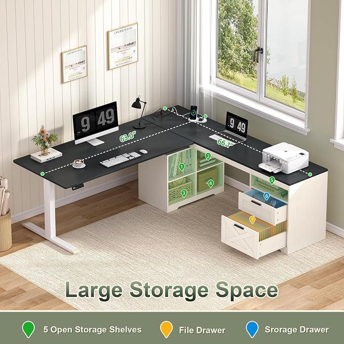 66 inch Farmhouse L Shaped Standing Desk with Storage for Home Office | Corner Electric Standing Desk with Drawers ＆ Storage Shelves, Height Adjustable Desk with Power Outlets, Black & White