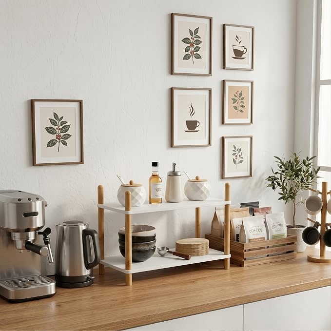 2-Tier Bamboo Coffee Bar Organizer,Coffee Bar Accessories, Mul-tifunctional Wooden Beaded Coffee Station Countertop Stand Shelf for Kitchen Home Office,Counter Riser Display Shelf for Top of Desk Home