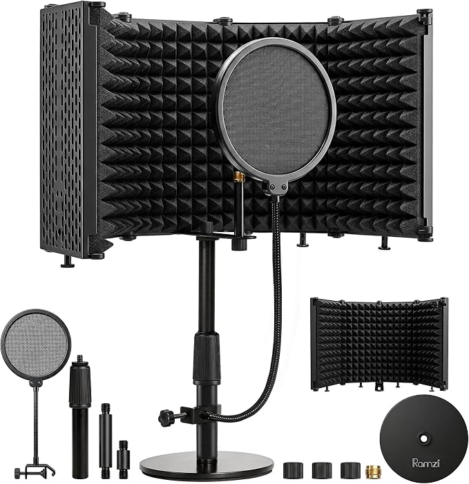 Microphone Stand With Isolation Shield,Recording Studio Equipment With Pop Filter,Heavy-Duty Desktop Stand, Foldable Mic Shield With Sound Insulation For Recording Studio, Podcasts,Broadcasting