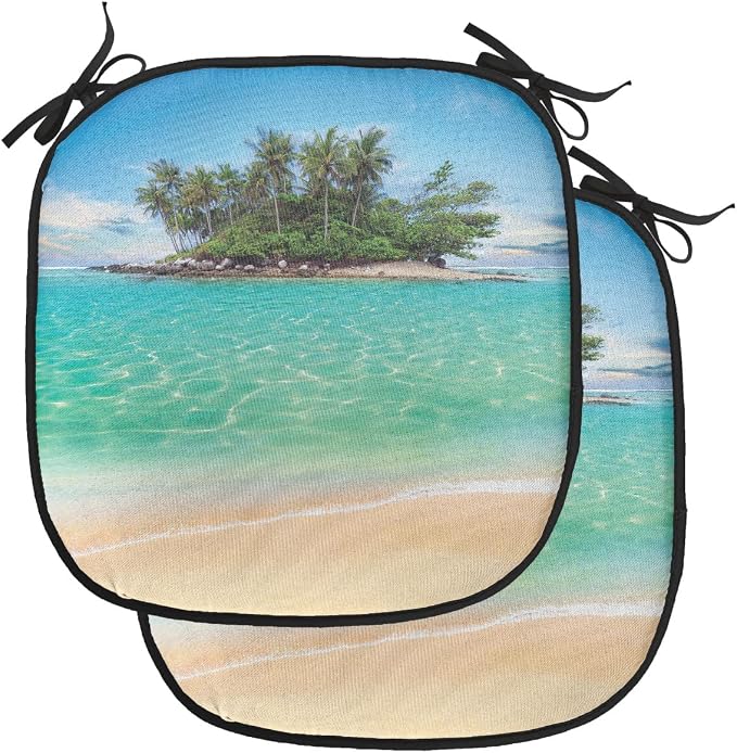 Lunarable Island Chair Cushion Pads Set of 2, Tropical Island Sandy Seaside Clear Water Honeymoon Destination Waterscape, Anti-Slip Seat Padding for Kitchen & Patio, 16"x16", Cream Blue Green