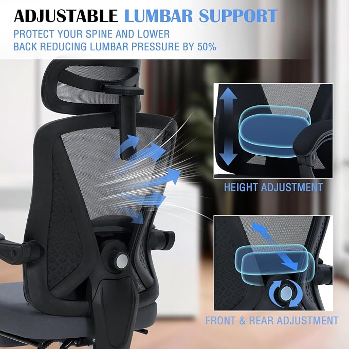Ergonomic Office Desk Chair with Footrest - Adjustable Lumbar Support & 3D Headrest, 90-160° Reclining Mesh High-Back Rolling Work Swivel Computer Chair - Home Office/Gaming, 400lbs Capacity