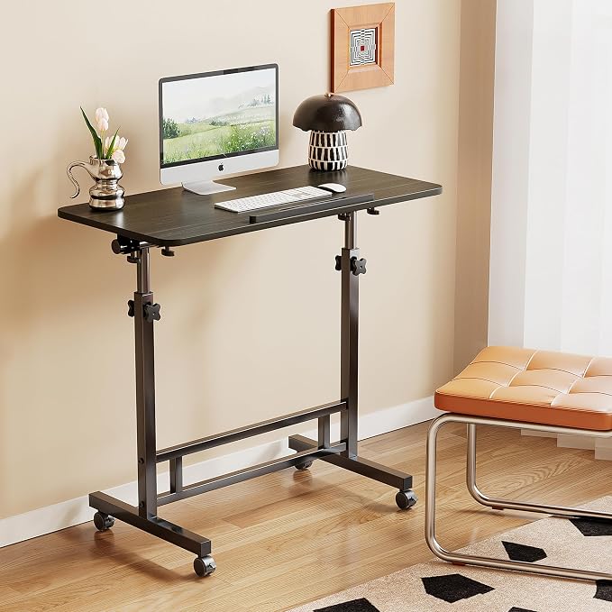 Laptop Table Mobile Adjustable Height Portable Desk Notebook Swivel PC Computer Rolling Desk with Wheels, Laptop Stand for Couch Bedside Hospital Bed Table (Black Table)