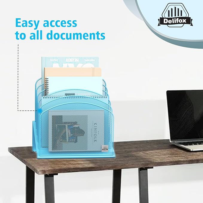 Delifox Inclined Desk File Organizer,Vertical File Folder Holder Stand Metal Rack File Sorter for Office Classroom Desktop Organization