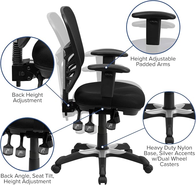 Flash Furniture Nicholas Mid-Back Swivel Desk Chair with Wheels, Mesh Back, Padded Seat, and Armrests, Adjustable Height Mesh Ergonomic Office Chair, Black