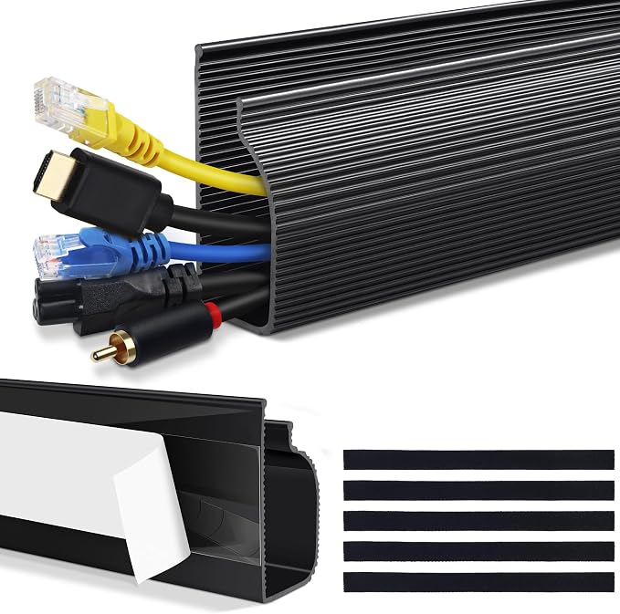 Cable Management Under Desk, 32in (2x15.75in) J Channel, Self Adhesive Cable Raceways Channel, Easy to Install Cord Cover Hider Desk Cord Organizer Electrical Black