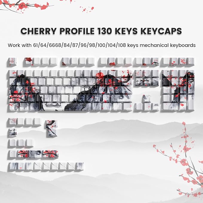 Womier PBT Keycaps Set 130 Keys, Custom White Japanese Keyboard Doubleshot Dye Sub Side Print Shine Through Keycaps 60 65 75 100 Percent, Cherry Profile (Plum Blossom)