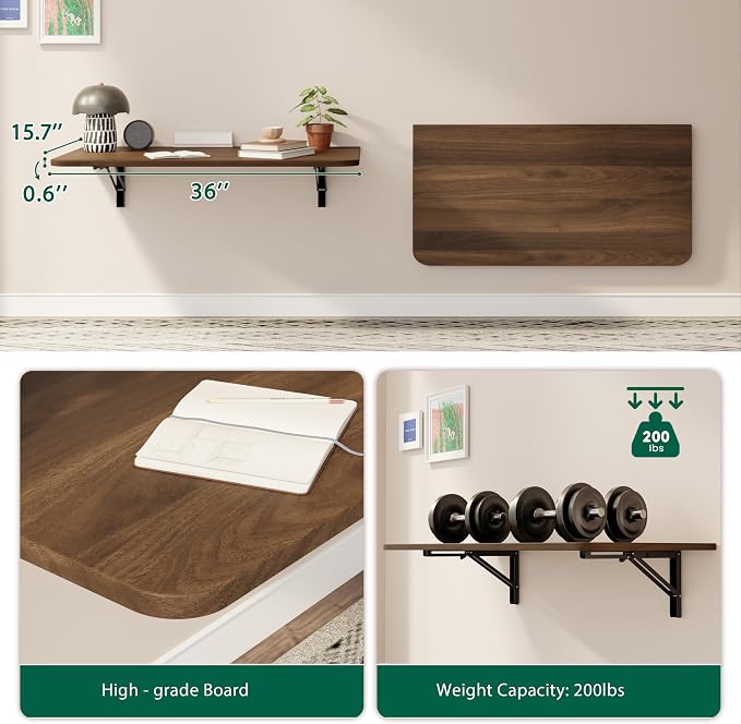 Dogsky Wall Mounted Folding Table (36x15.7 in) - 100LB Capacity Heavy Duty Wall Floating Desk, Space-Saving Workbench for Home Office, Laundry Room & Kitchen, Walnut