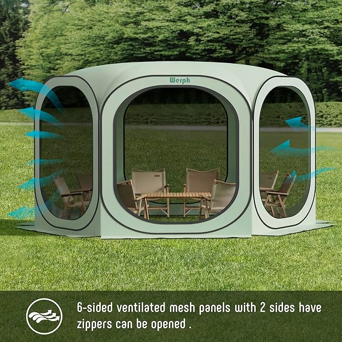 Werph 12x12 Pop Up Screen Tent, Mosquito Net Gazebo, UV Resistant, Green | Roof Waterproof Screen Canopy, Quick Setup Outdoor Shelter for Backyard, Patio, Garden, Picnic, Camping and Events
