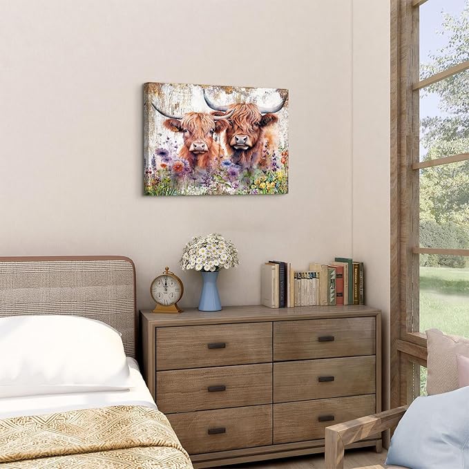 Rustic Cow Pictures Wall Decor Bathroom Farmhouse Highland Cow Wall Art Living Room Vintage Wildflower Cattle Poster Bedroom Farm Animal Canvas Prints Modern Artwork Kitchen Bed Home Decoration 16x24”