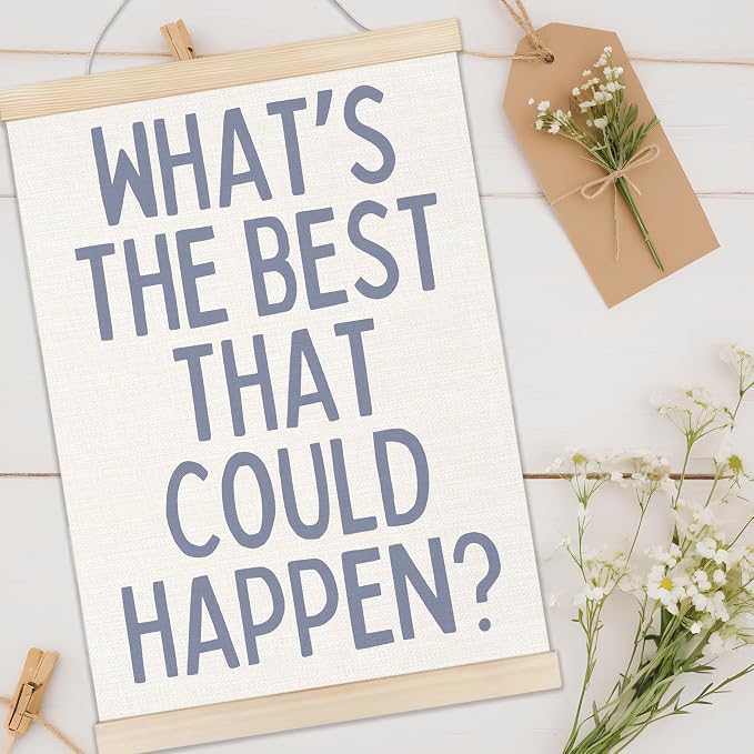Welshower Boho Motivational Positive Poster Hanger Frame, What's the Best That Could Happen Positive Affirmations Wall Art Prints Decor for Living Room Bedroom Home Office Framed, 12x16 Inch（blue）