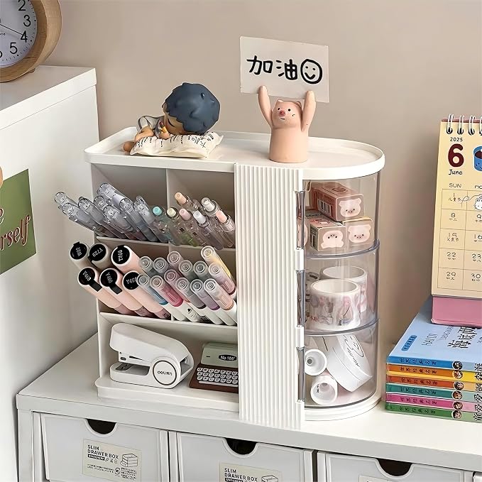 Desk Organizer with Pen Pencil Holder for Desk, Pen Organizer with 3 Drawers, Multi-Functional Desk Organization Deals and Accessories Desktop Storage for Office Home Art Supplies (White)